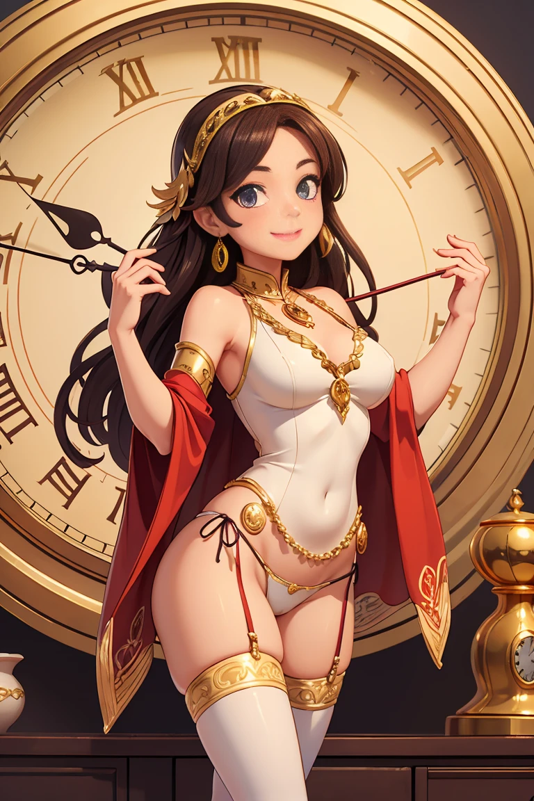 Goddess of time, golden roman numbers, clock aura, elegant, warm smile, gold white garments, mature, tall, slim body, thighhighs, panties