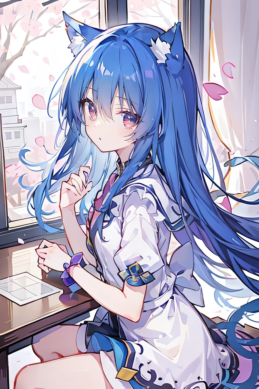 (masterpiece:1.2),Super detailed,lifelike,Expressive eyes,fair skin,perfect face shape,1 girl,
Japanese comics,Gorgeous blue hair,flowing blue hair,flowing clothes,Cat ears,Petals fall,beautiful lola,Baby Angel,
Shaking head with one hand,Cross your legs,,The pavilion is cool and comfortable,smile,back views,sunrise,Petals fall,sitting on window sill drinking coffee and looking out the window
