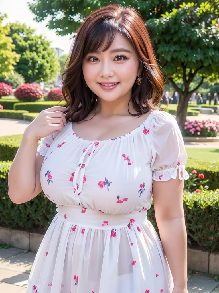 A beautiful and hot almost chubby mature woman.who is wearing a patterned short dress and is and standing in the park. A smiling face、sexy woman、A radiant smile、adorable、race、Frills、Colorful design、Full-length mirror、An inviting gaze、Gorgeous long and beautiful hairstyle、variation Hairstyle、Open neck blouse、Flower Garden、Sparkling、Elegant Princess