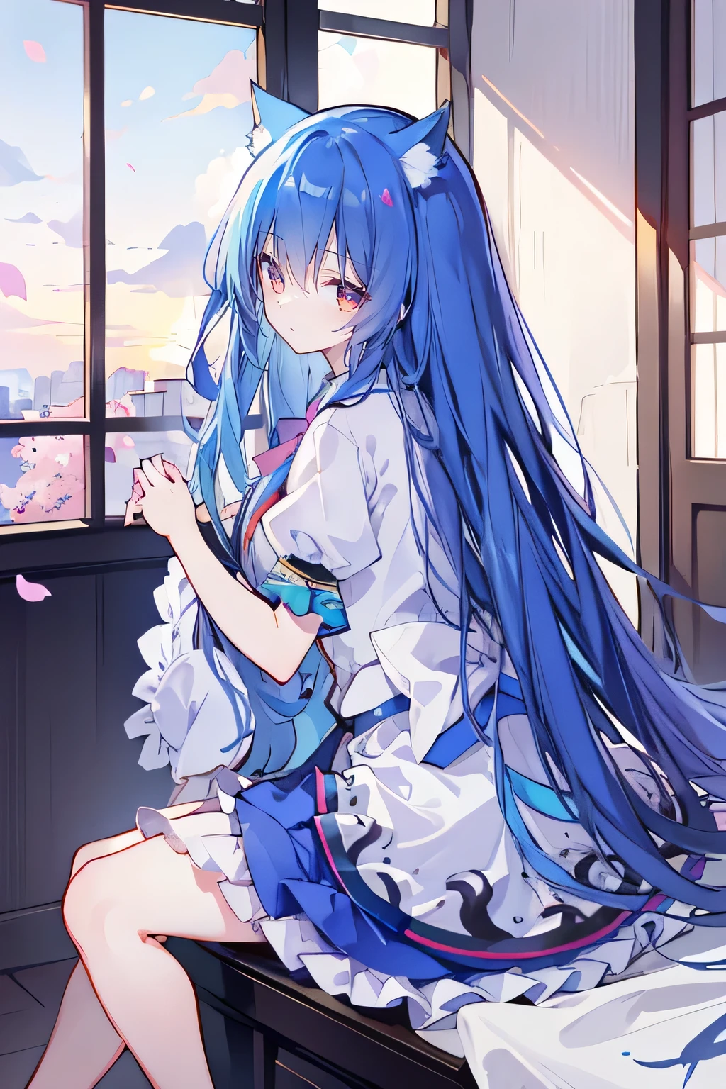 (masterpiece:1.2),Super detailed,lifelike,Expressive eyes,fair skin,perfect face shape,1 girl,
Japanese comics,Gorgeous blue hair,flowing blue hair,flowing clothes,Cat ears,Petals fall,beautiful lola,Baby Angel,
Shaking head with one hand,Cross your legs,,The pavilion is cool and comfortable,smile,back views,sunrise,Petals fall,sitting on window and looking out the window