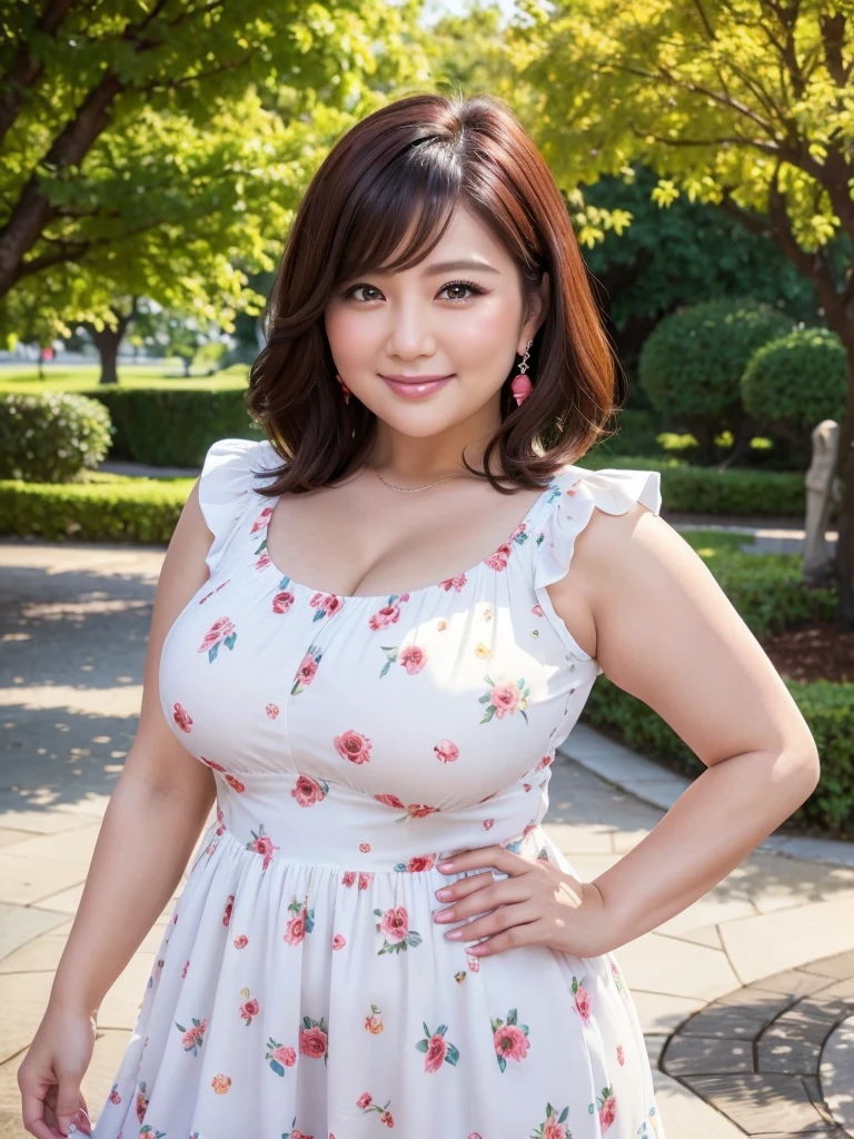 A beautiful and hot almost chubby mature woman.who is wearing a patterned short dress and is and standing in the park. A smiling face、sexy woman、A radiant smile、adorable、race、Frills、Colorful design、Full-length mirror、An inviting gaze、Gorgeous long and beautiful hairstyle、variation Hairstyle、Open neck blouse、Flower Garden、Sparkling、Elegant Princess、さらさらヘアー