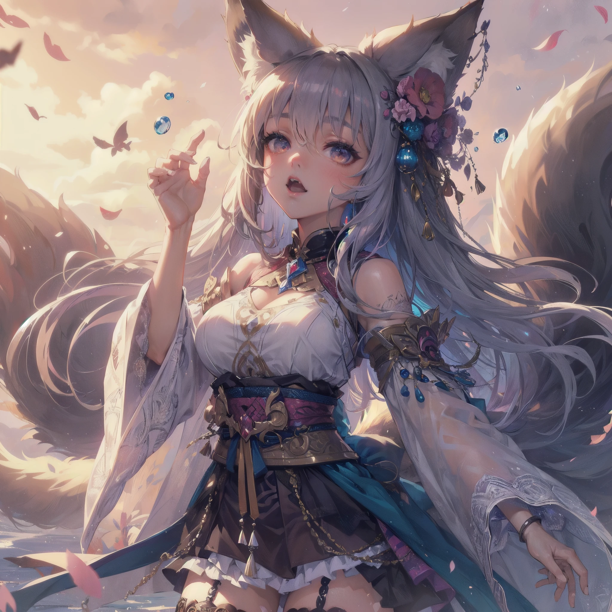 masterpiece, (textured skin), best quality, gorgeous beautiful, (a beautiful girl,wolf ears,wolf tail),detailed clothes,large breasts,narrow waist,, (beautiful face), cinematic lighting, (fantasy anime art ),