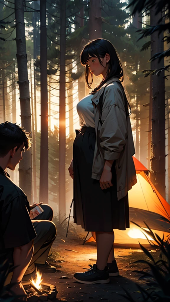 a couple at a camping drunken night party in the forest above the hills, girl wearing short clothes with big hips, detailed face and body, ultra-realistic, cinematic lighting, wide angle visible area