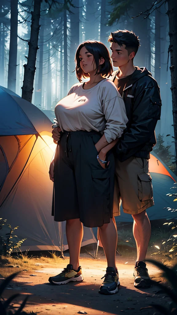 a couple at a camping drunken night party in the forest above the hills, girl wearing short clothes with big hips, detailed face and body, ultra-realistic, cinematic lighting, wide angle visible area
