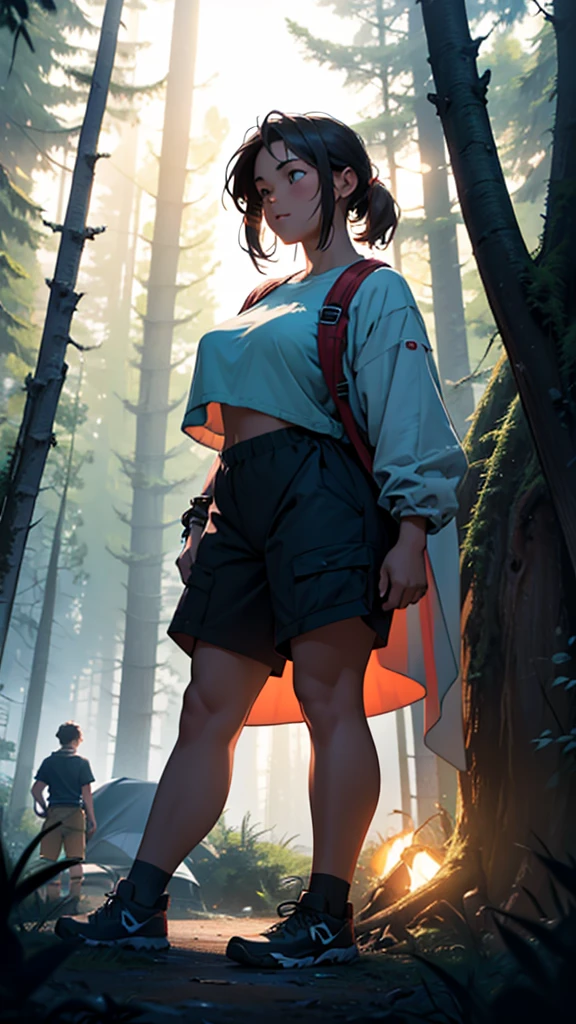 a couple at a camping drunken night party in the forest above the hills, girl wearing short clothes with big hips, detailed face and body, ultra-realistic, cinematic lighting, wide angle visible area