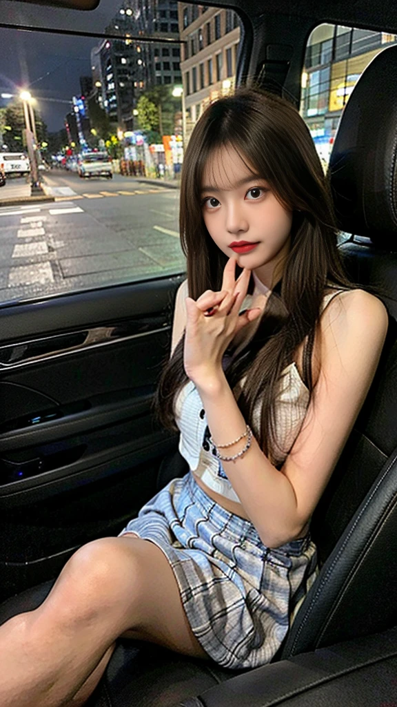 high quality, realistic, 1 Korean woman, Very pretty face, slim and nice body, sexy top, mini skirt, luxury bag, Sitting in the passenger seat of a car and looking out the window, manicure, pedicure, nail art, anklet, Nightlife in the entertainment district outside the window, Sitting with your legs crossed in a sexy way, Hair fluttering in the wind, drive, late night date