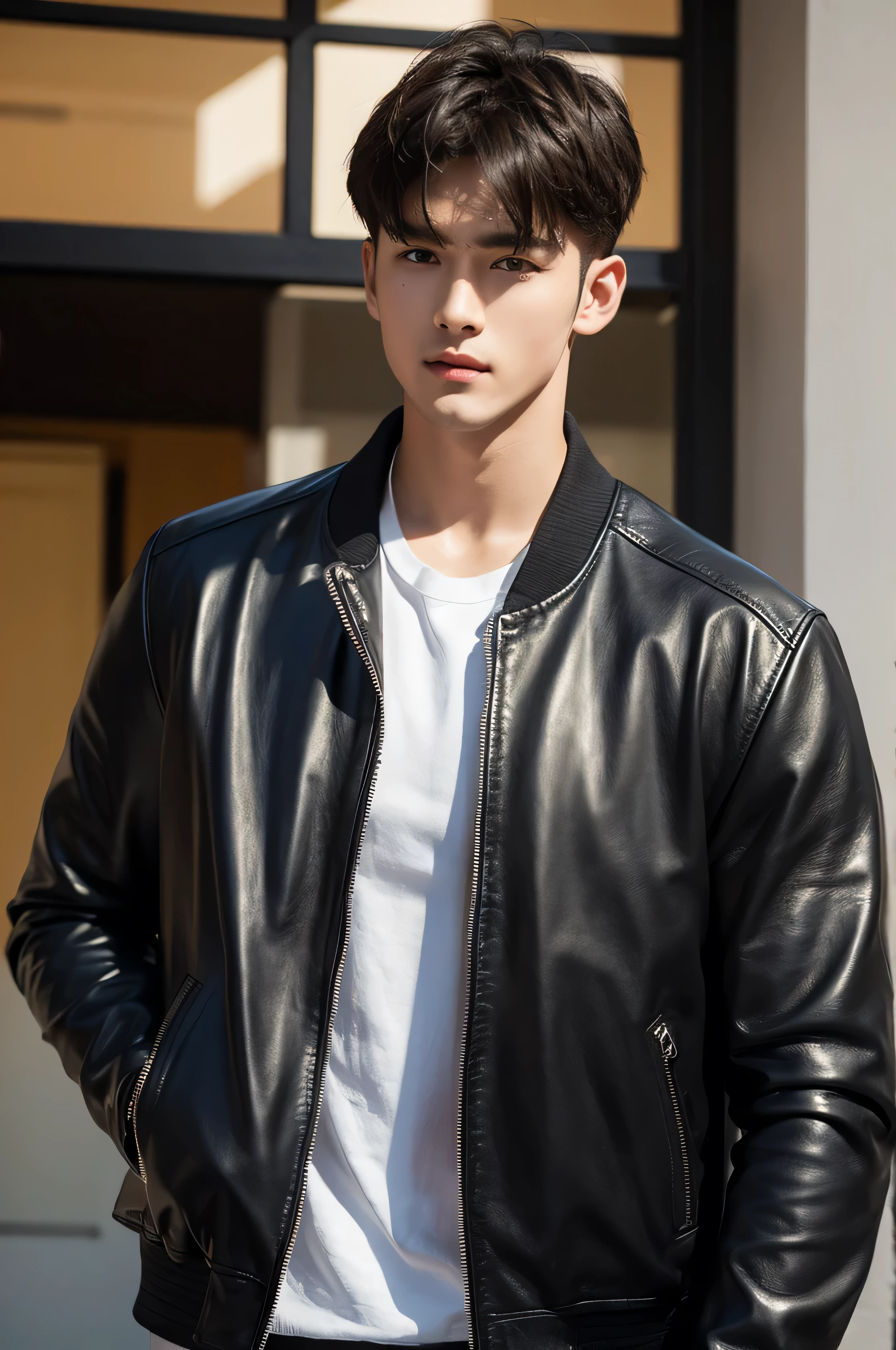 at office，wearing black leather jacket，two block haircut, Attractive man，Live-action photo，Handsome and sunny，（SLR effect，Reality，8K，Hyper-detailing，Absolute realism）