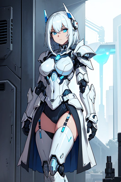female, blue eyes, robot, black metal body, (((1girl))), (((white cybernetic armor with blue trim))), (white cybernetic gauntlets), (white cybernetic boots), (black tactical belt), (gold badge on shoulder), (white cybernetic helmet), (white mask), long legs
