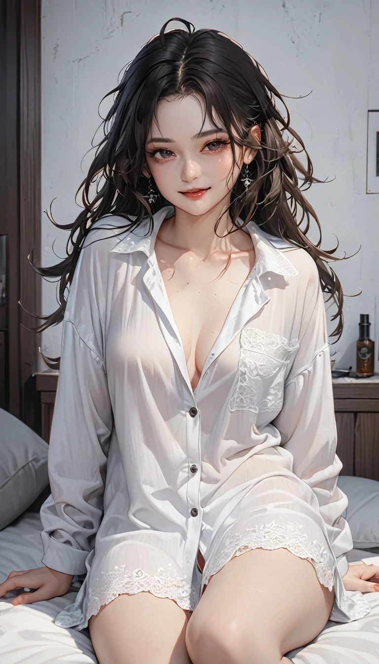 beautiful woman, cool and sadistic, amorous and lewd face, big cute smile, messy hair, great proportion, wearing loose white shirt and casual loungewear, (ultra detailed, absolutely resolution, best quality:1.3), 2.5D, delicate and dynamic, shading effects, hyper realistic, artistic photography, graphic CG digital art