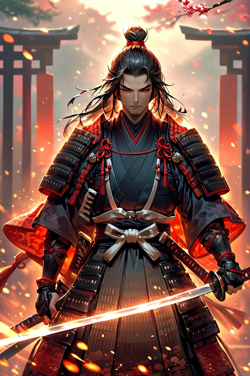 A scene with a samurai posing with a long sword。The sword is very long、Unlike traditional swords、It looks long and heavy。」