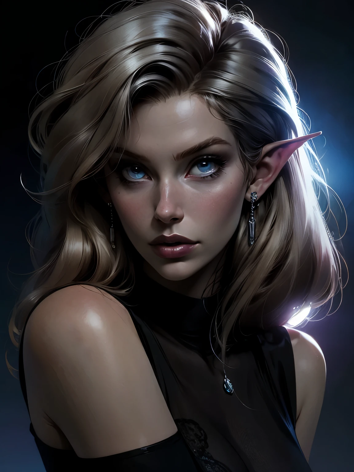  beautiful blond elven woman in her 30s, with blue eyes and striking features, exuding maturity and allure in a seductive pose.(dark background), dark gotic atmosphere , gotic makeup, pointy ears, (Elisha Cuthber1.9)