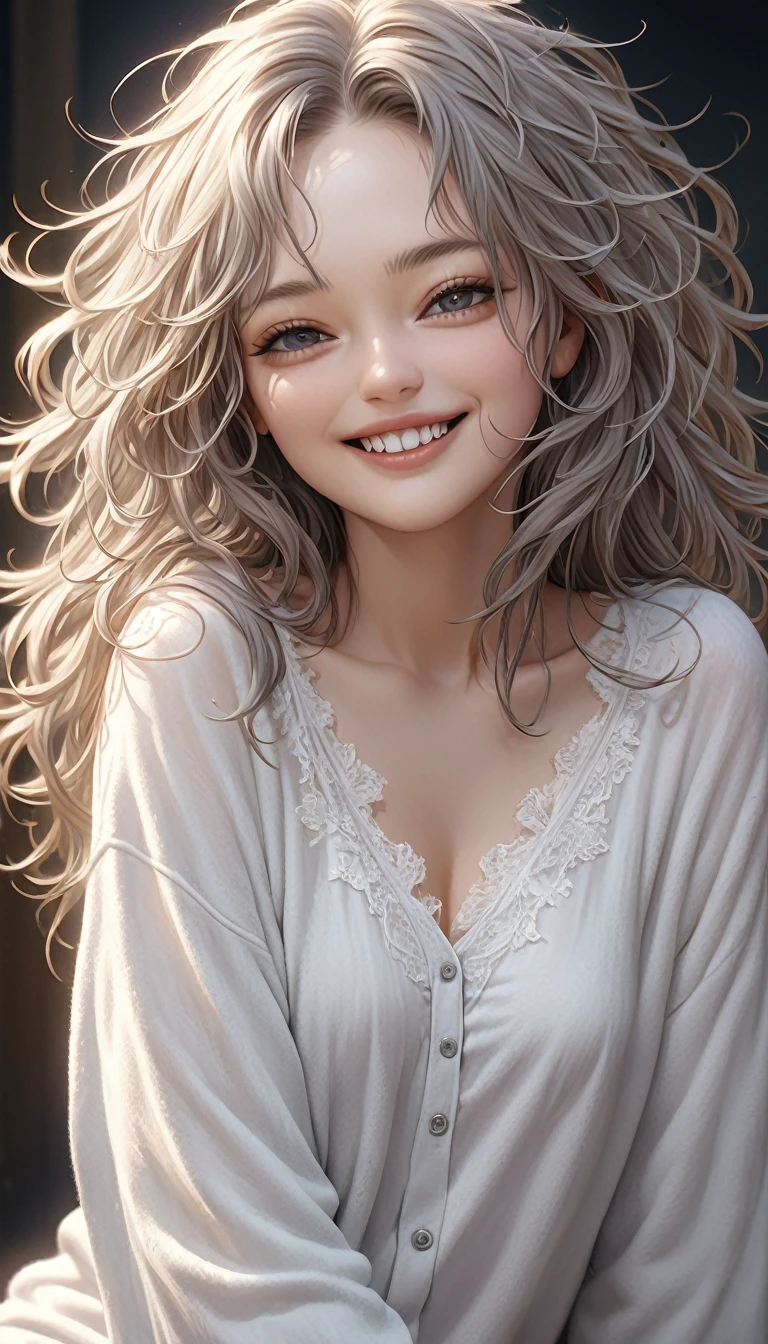 beautiful woman, cool and sadistic, amorous and lewd face, big cute smile, messy hair, great proportion, wearing loose white shirt and casual loungewear, (ultra detailed, absolutely resolution, best quality:1.3), 2.5D, delicate and dynamic, shading effects, hyper realistic, artistic photography, graphic CG digital art