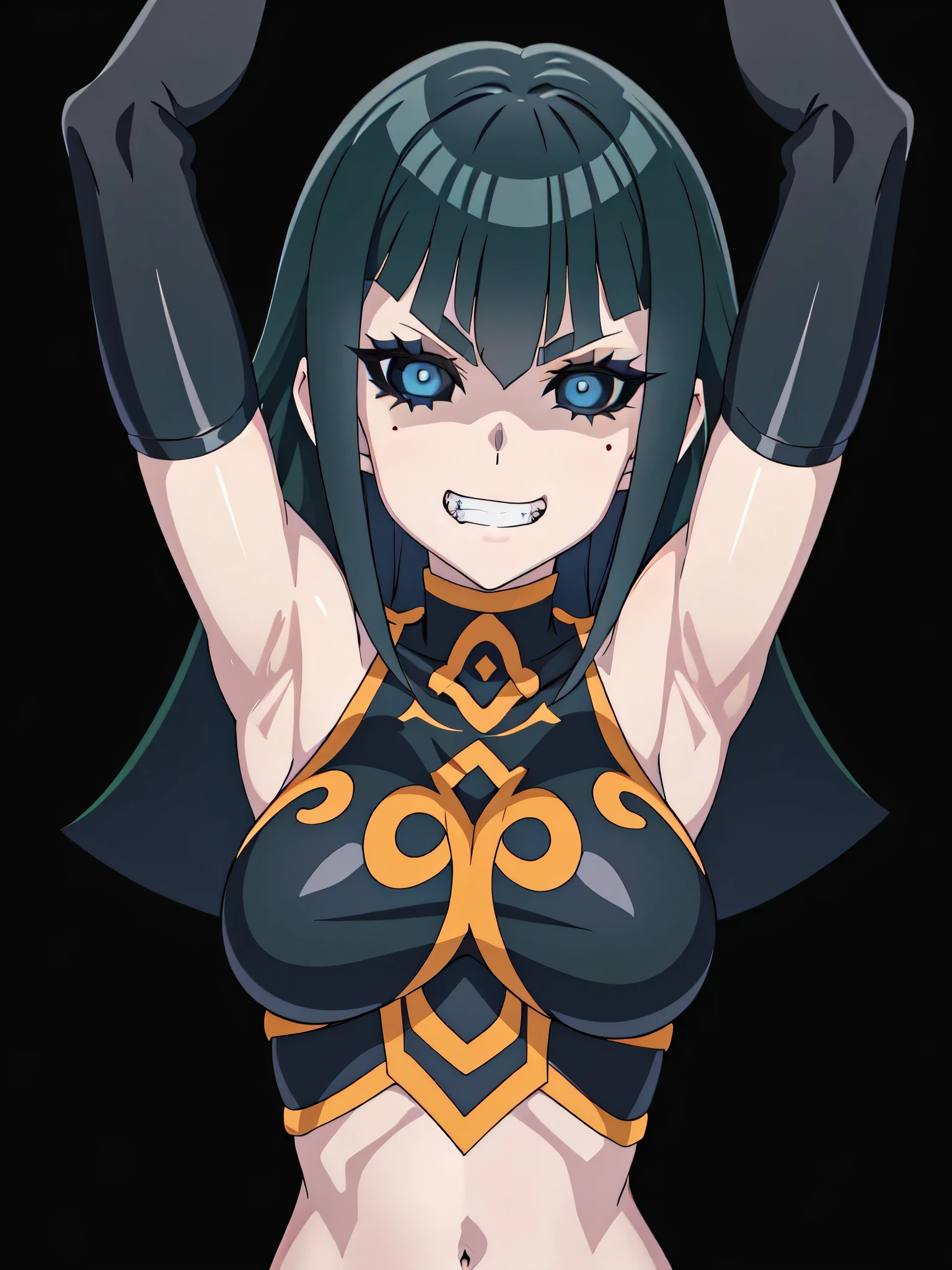 dscarly, (black_sclera:1.2), (dark green hair:1.2), blue eyes, solid eyes, pupil, long hair, bare shoulders, gloves, navel, black gloves, elbow gloves, orange pattern, midriff, crop top, 1girl, solo, anime screencap, frontlighting, (simple background, black background, dark background:1.3), masterpiece, absurdres, hdr, soft light, best quality, detailed, highres, shiny skin, shiny hair, (looking at viewer, eye contact with viewer:1.5), (evil smile:1.1), (evil grin0.8), teeth, clenched teeth, arms up, raised arms, armpits, in the center, symmetrical, upright,