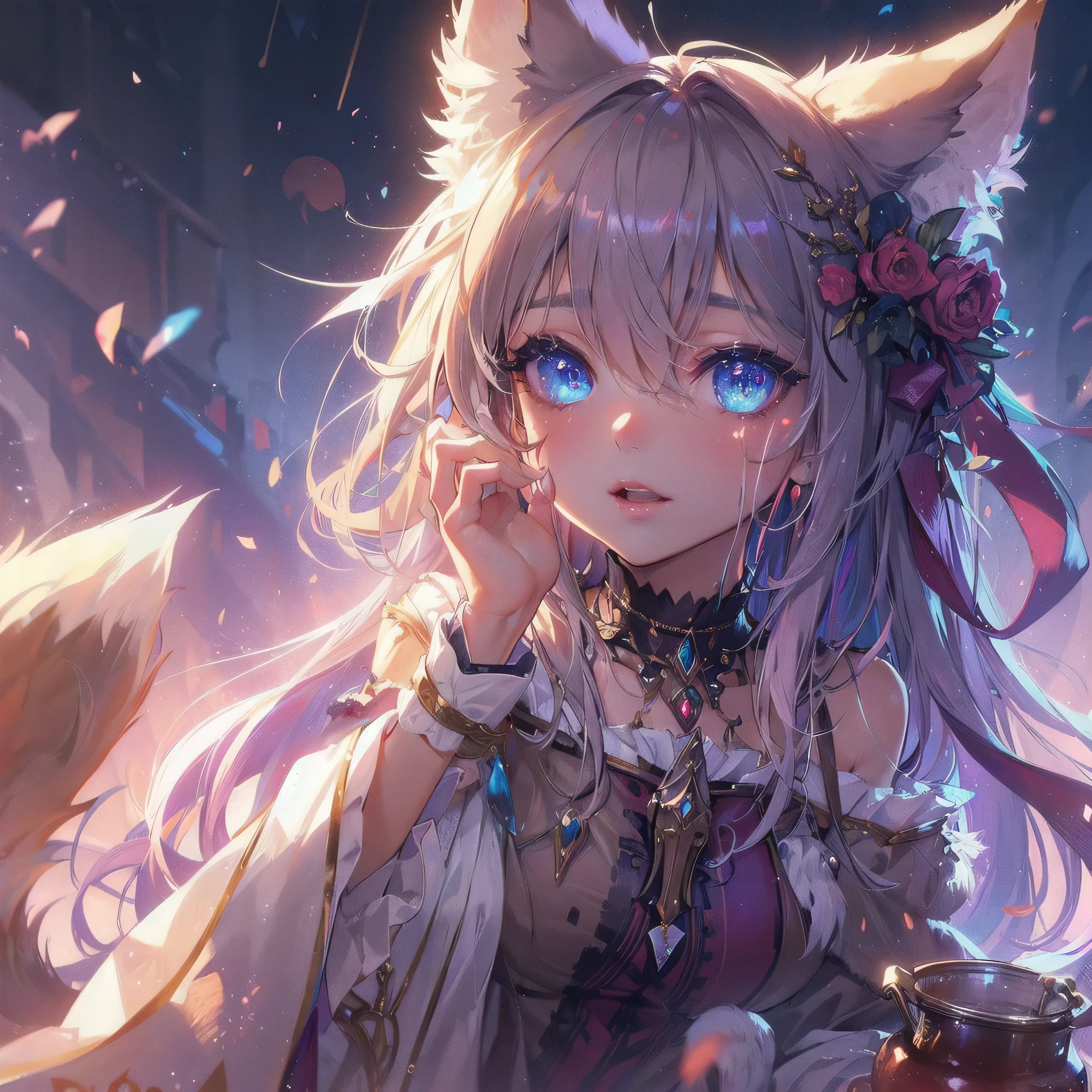  masterpiece, (textured skin), best quality, gorgeous beautiful, (a beautiful girl,wolf ears,wolf tail),detailed clothes,large breasts,narrow waist,, (beautiful face), cinematic lighting, (fantasy anime art ),