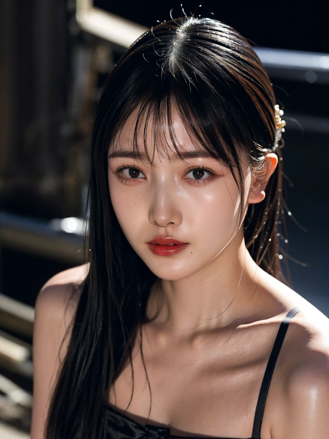best qualtiy,tmasterpiece,ultra high resolution,(Realism:1.4),RAW photogr,1girll,cropped shoulders,in the darkness nigth,deep shading,low tune,cold light,head portrait,He had sashimi on him, Half-prayer words were written on his body