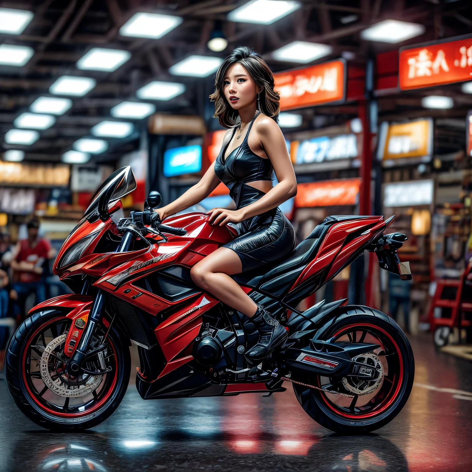 (ExtremelyDetailed((Song Joo A))) clearly visible the shape of Butt, Radiant PearlSkin with Transparency, motor cycle event girls in sexy costume, Detailed Clothing texture, Full of (motor cycle) . (Full body shot:1.2),Ultra-detailed,grand scale,epic,zoomed out,wide angle. (ExtremelyDetailed Beautiful face) Dynamic Joyful Expressions LifeLike Rendering. (Exposed:0.52) PerfectLighting (TopQuality 8K(masterpiece(ProfessionalPhoto:1.37)))