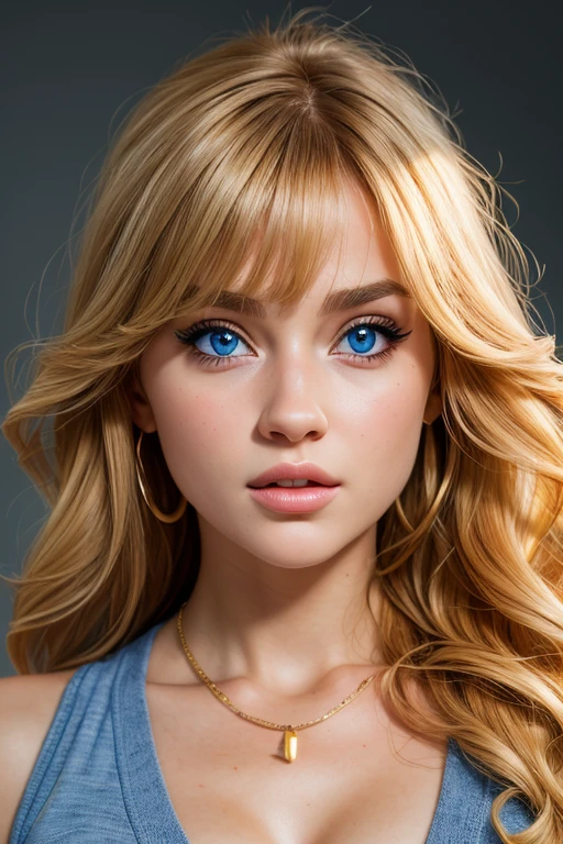 (Masterpiece, Professional lighting, 16k, 8k wallpaper, raw photo, photorealistic:1.8, ultra detailed, natural lighting, detailed skin, detailed face, detailed eyes), 1 beautiful girl, long curly blond hair with bangs, necklace, blue eyes, sexy gaze