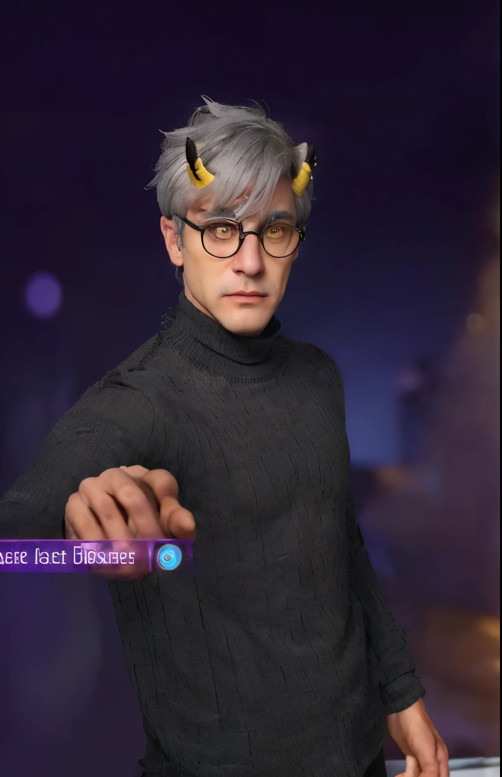 A handsome man wearing round glasses, gray hair with small horns, and wearing a black turtleneck, yellow eyes, which were pointing