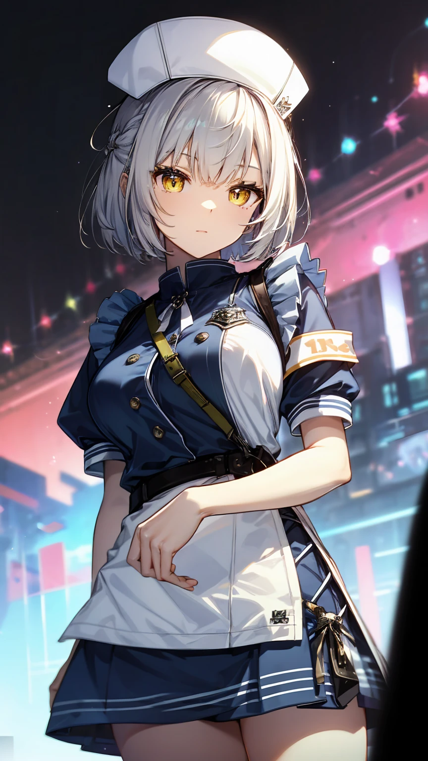 ((masterpiece:1.2, highest quality)), Himurosena yellow eyes, short hair,gray hair, low length,gloves, blue clothes, apron,midi skirt, lace up boots,nurse cap, armband,masterpiece,Noise Reduction,perfect anatomy,high resolution, ultra-detailed, ultra-detailed face,game cg,dutch angle ,beautiful detailed eyes,visualart,five fingers, perfect hands, perfect lighting, sparkling pupils,