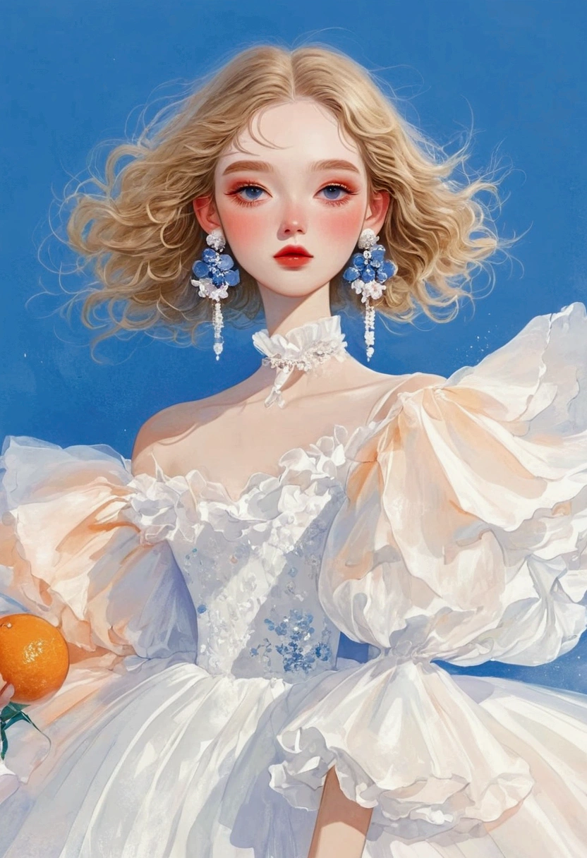 Pastel Art:1 beautiful and elegant girl,White的短发,Delicate hair,Exaggerated dress,多层Fluffy领子,Shoulder,Exaggerated sleeves,Fluffy,FluffyWhite薄纱,White+blue+orange color