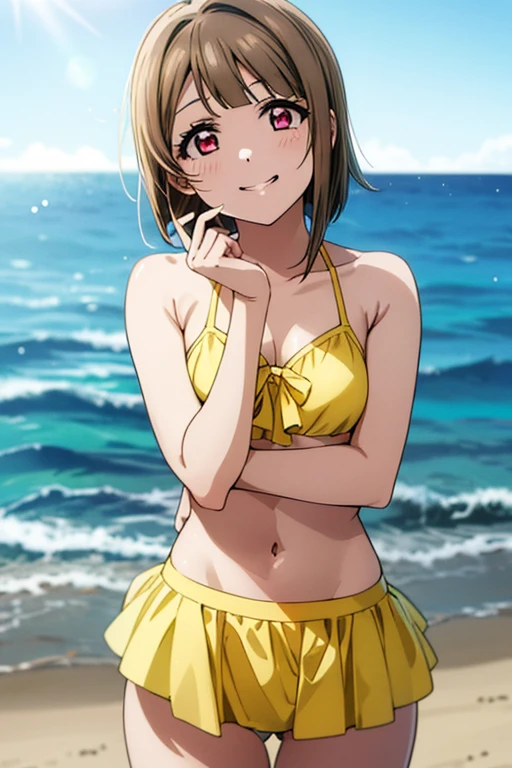 (Highest quality、masterpiece:1.2)lovelive、Yellow-brown hair、Bobcut、short hair、ワンレングスBobcut、Asymmetrical bangs、Long left hair、Red Eye、Kasumi Nakasu、One Girl、alone、anime、animeScreencap、Ray Tracing、Global Illumination、ultra hi resolution picture、Bright colors、Cinematic Light、Lens flare、Light on the face、Glowing Eyes、Depth of written boundary、Detailed Background、cute、Straight、smile、looking at the camera、Outdoor、Ocean、Sandy Beach、whole body、Yellow Bikini