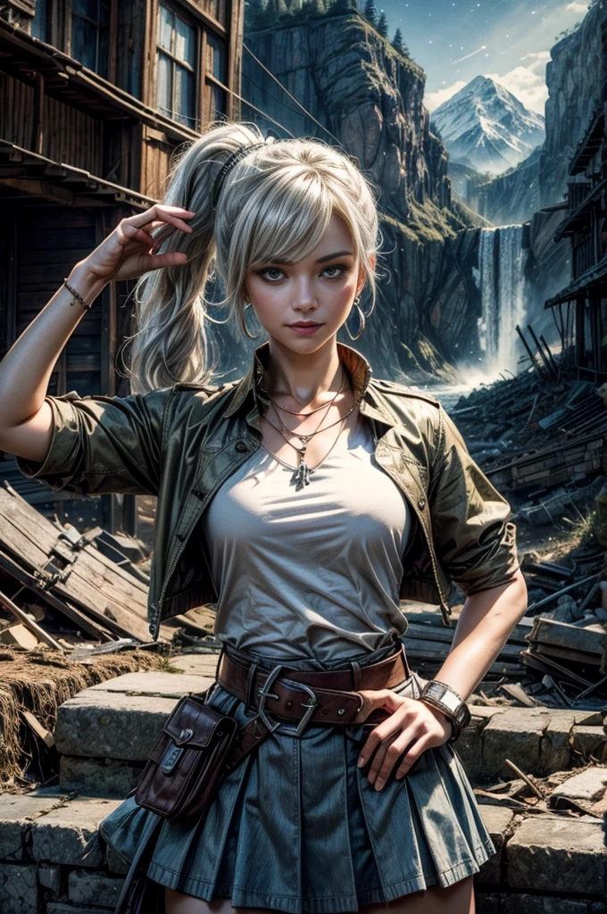 (masterpiece, best quality:1.2), cowboy shot, dynamic pose, weissvale, smile closed mouth, looking at viewer, long white hair, side ponytail, scar on eye, t-shirt, skirt, belts,  jewelry, necklace, earrings, standing with crowd in city ruins on hill, overlooking valley, (crowd in military uniforms) BREAK night, stars, moon, snow, BREAK mountains in background, waterfall, vehicle wreck, , (crowd in military uniform), bonfires, post-apocalypse, dystopian future, 