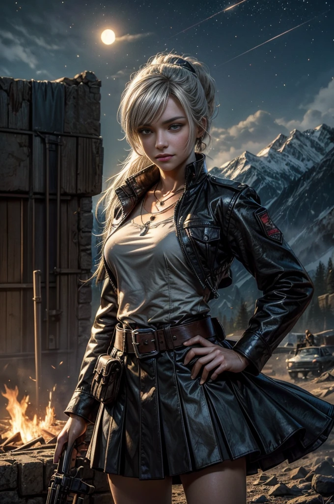 (masterpiece, best quality:1.2), cowboy shot, weissvale, expressionless, closed mouth, looking at viewer, long white hair, side ponytail, scar on eye, t-shirt, skirt, belts, jewelry, necklace, earrings, standing with crowd in city ruins on hill, overlooking valley, (crowd in military uniforms) BREAK night, stars, moon, snow, BREAK mountains in background, waterfall, vehicle wreck, , (crowd in military uniform), bonfires, post-apocalypse, dystopian future,