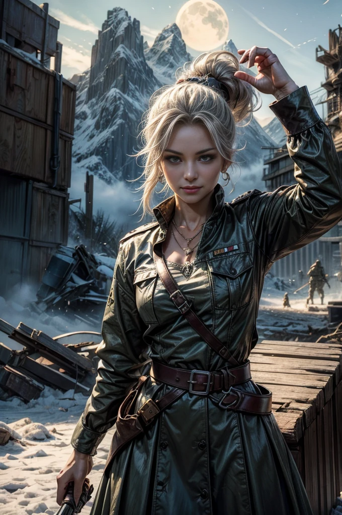 (masterpiece, best quality:1.2), cowboy shot, dynamic pose, weissvale, smile closed mouth, looking at viewer, long white hair, side ponytail, scar on eye, t-shirt, skirt, belts, jewelry, necklace, earrings, standing with crowd in city ruins on hill, overlooking valley, (crowd in military uniforms) BREAK night, stars, moon, snow, BREAK mountains in background, waterfall, vehicle wreck, , (crowd in military uniform), bonfires, post-apocalypse, dystopian future,