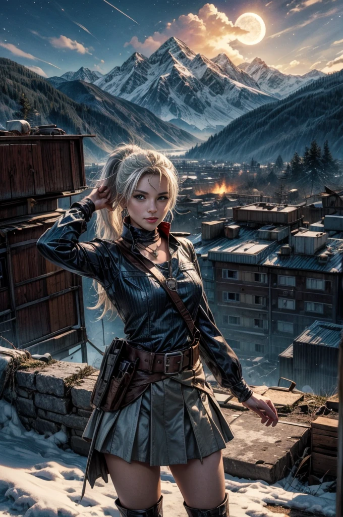 (masterpiece, best quality:1.2), cowboy shot, dynamic pose, weissvale, smile closed mouth, looking at viewer, long white hair, side ponytail, scar on eye, t-shirt, skirt, belts,  jewelry, necklace, earrings, standing with crowd in city ruins on hill, overlooking valley, (crowd in military uniforms) BREAK night, stars, moon, snow, BREAK mountains in background, waterfall, vehicle wreck, , (crowd in military uniform), bonfires, post-apocalypse, dystopian future, 