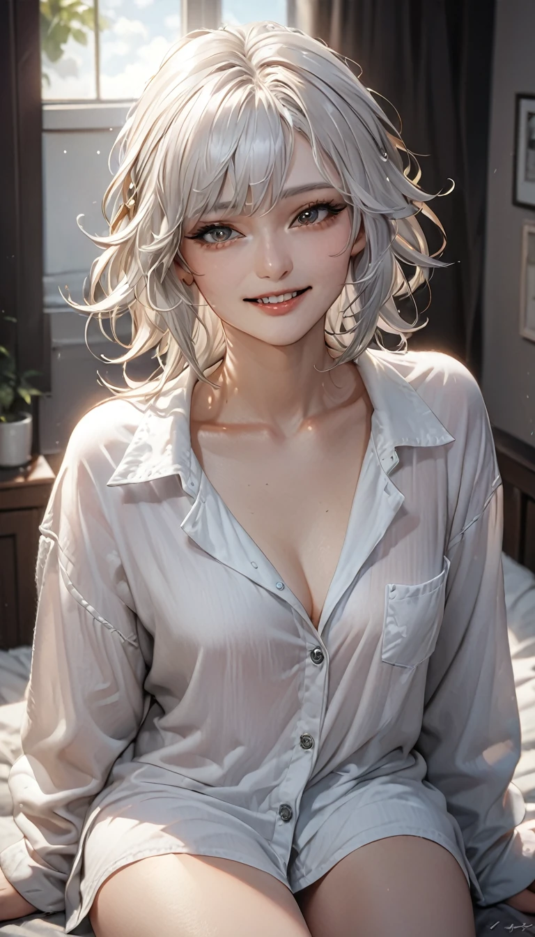 beautiful woman, cool and sadistic, amorous and lewd face, big cute smile, messy hair, great proportion, wearing loose white shirt and casual loungewear, (ultra detailed, absolutely resolution, best quality:1.3), 2.5D, delicate and dynamic, shading effects, hyper realistic, artistic photography, graphic CG digital art