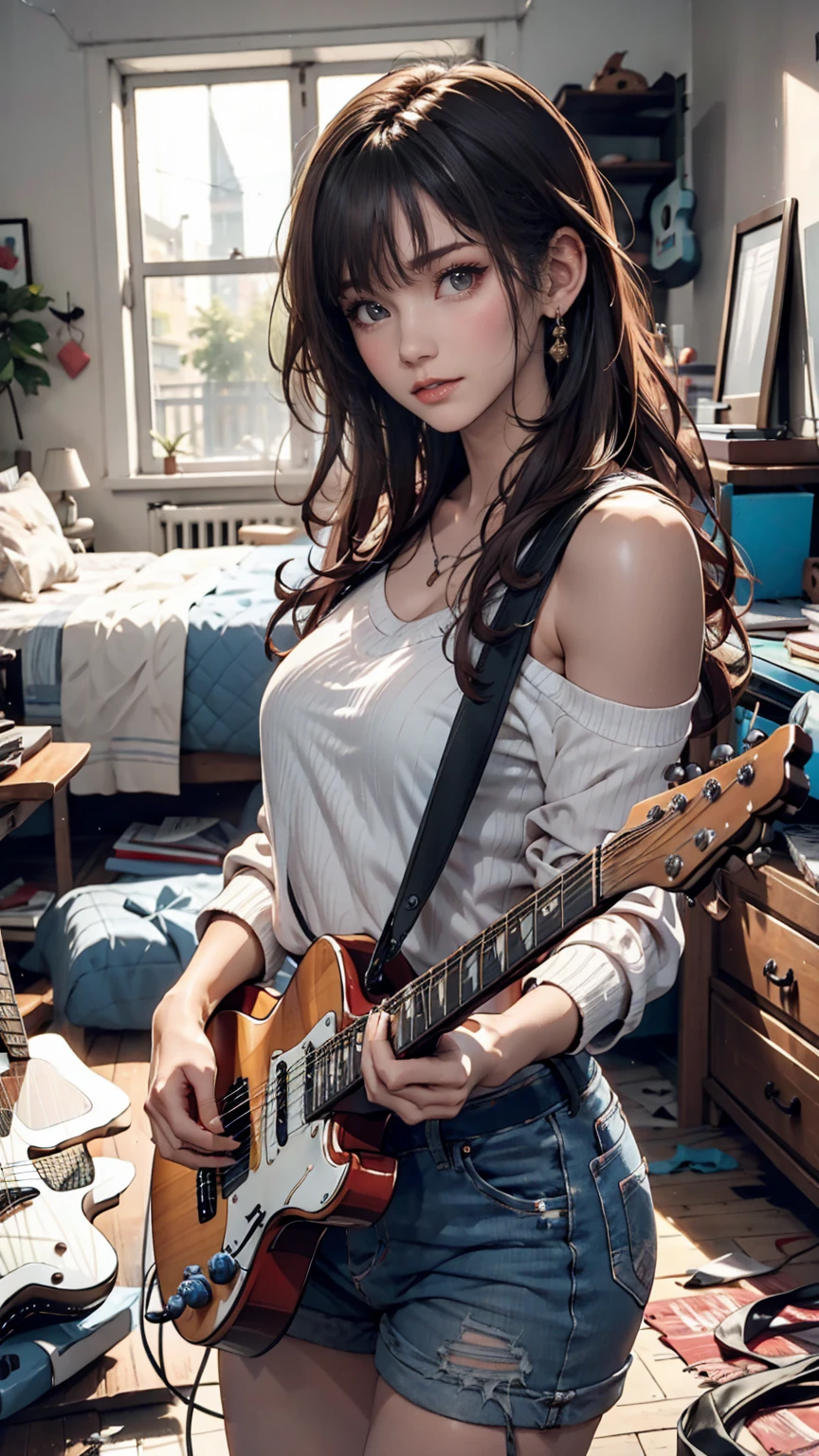 mouth, One girl, alone, In a messy room, guitar, 