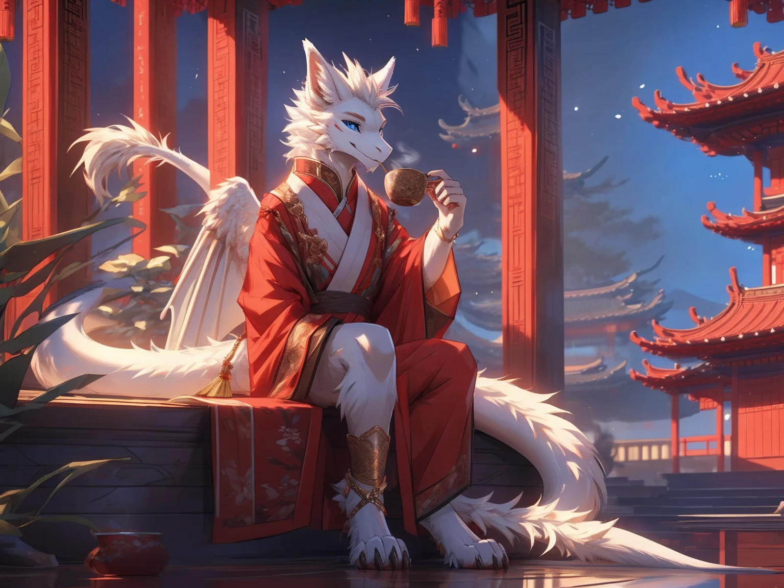 solo,(furred dragon),mature,male,((white fur)),wings,fluffy furs,dragon horns,blue_eyes,tail,handsome,toe claws,digitigrade,drinking tea,pink pawpads,hanfu,anklet,long sleeves,  tassel, wide sleeves,highres,Cinematic Lighting,chinese_style_loft,