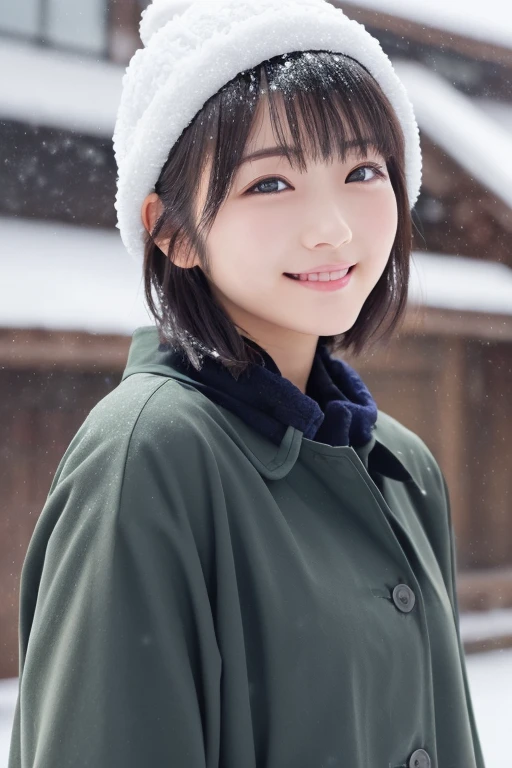 Beautiful Japanese Women,(Winter clothes:1.2), 20-year-old、Light green coat、Snow Hat, (RAW Photos, Highest quality), (reality, Realistic:1.4), Clean look、Iris、very detailed eyes and face, Beautiful and detailed nose, beautiful eyes, Perfect Anatomy, Black short hair, bangs、Crystal skin, A cool smile、Face Focus、 The background is snowy mountains、The weather is snow、