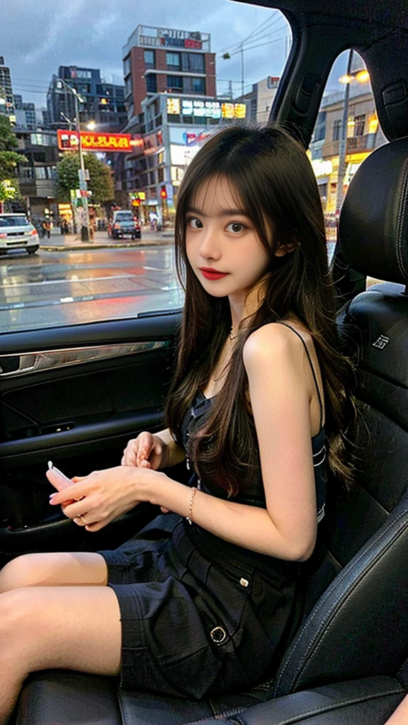 high quality, realistic, 1 Korean woman, Very pretty face, slim and nice body, long eyelashes, plump lips, small nose, beautiful eyes, flawless skin, sexy top, mini skirt, luxury bag, Sitting in the passenger seat of a car and looking out the window, manicure, pedicure, nail art, anklet, Nightlife in the entertainment district outside the window, Sitting with your legs crossed in a sexy way, Hair fluttering in the wind, drive, late night date