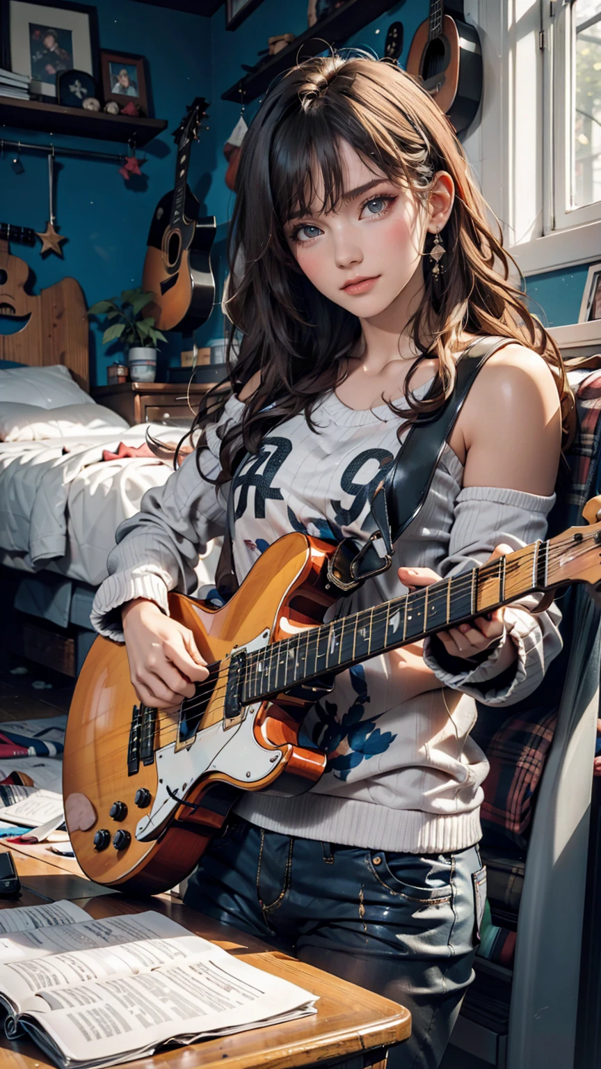 mouth, One girl, alone, In a messy room, guitar,