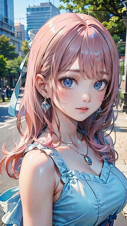 (Masterpiece, BestQuality:1.3), (ultra detailed:1.2), (hyperrealistic:1.3), (RAW photo:1.2), High detail RAW color photo, professional photograph, (Photorealistic:1.4), (realistic:1.4), professional lighting, perfect anatomy, (Big Breasts:1.2), (blush, detailed face), (cheerful Smile:1.5), (Pink Hair:1.5), Trending Hair&Trending Hairカラーをランダムに, earrings, necklace, bracelet, sexly, erotic sexly, Random sexy gravure poses, (A beautiful woman wearing a light blue ribbon dress、Posing cutely while enjoying a picnic in a city park。Silver earrings dangling。:1.3)