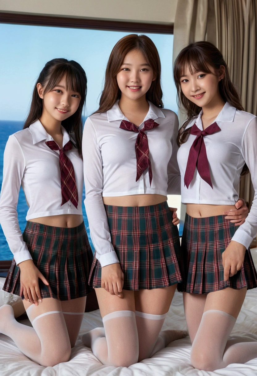 (Highschool girls inside suite room:1.4, 17 years old, cute faces:1.5, triangular face, sitting on gorgeous bed), looking at viewer, ((embarrassed:1.3, smile:1.1)), shy smile, open mouth, silky skins, natural makeup, glossy lips, group shot, (sexual suggestive:0.7), (identical school uniform:1.5, white shirt open chest, see through , both hand on breast:1.24), (naked :0.2), (3 girls:1, perfect style, full body), ((slender body)), (pleated plaid skirt, show panties), (raw photo:1.4),(( legs wide open, ribbons, pantyhose:1.2)), (gentle light, 16k wallpaper, raw photo, idol), BIBE, (wide window with ocean scenery, expensive furniture:1.3, sheets on floor:1.4, flowers in planter), (very huge round breasts)