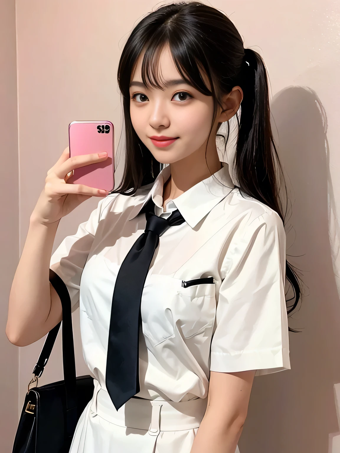 Highest quality、Figures、iPhone,Taking a selfie with a black smartphone、one person、Cute Girls、sexly、Slender、Yellow tie、White shirt、Navy blue exy))、Very detailed、Fine details、Slim Body、Slender、Japanese Girls、High resolution、8k、wallpaper、Perfect dynamic composition、Beautiful fine details、Short Twin Tails、Big natural color lip、大胆なsexlyポーズ、smile、Cold Stare、、Cute、Lolita、Good eyes、whole body、Pink wall、smile、