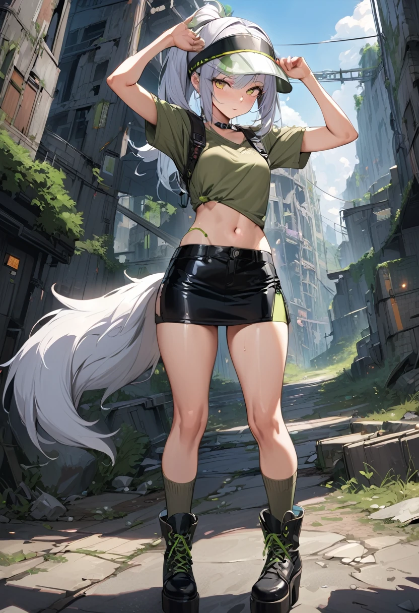 (Masterpiece, BestQuality), (hyperrealistic),cyberpunk,girl standing and posing,boy pose,cheerful,BREAK (15yo,cute,silver hair,ponytail,wolf ear,sun visor,wolf groves,eyes with large irises,small nose, fresh lips,middle small breasts,white and khaki vest,mini skirt,wolf tail,khaki knee high socks,platform boots),absurd, extraordinary,BREAK (Character introduction screen,ruin city background, )