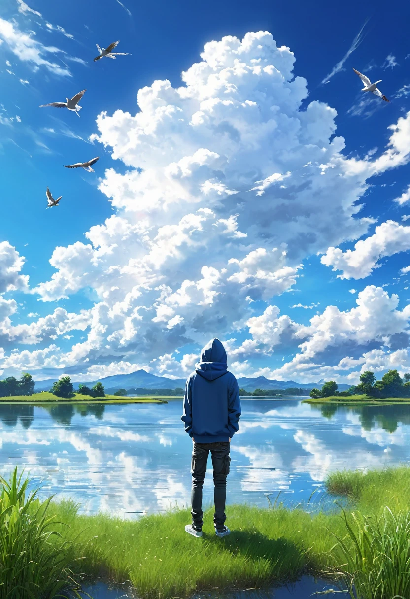 anime, anime landscape, Man watching the clouds, In the grassland, creative, Realist, White cloud, blue sky, Wonderful landscape, Man looking away from the camera, Wide Photography, Realistic grass, Flying Bird. The middle lake, The sky is reflected in the lake, Man in a hoodie