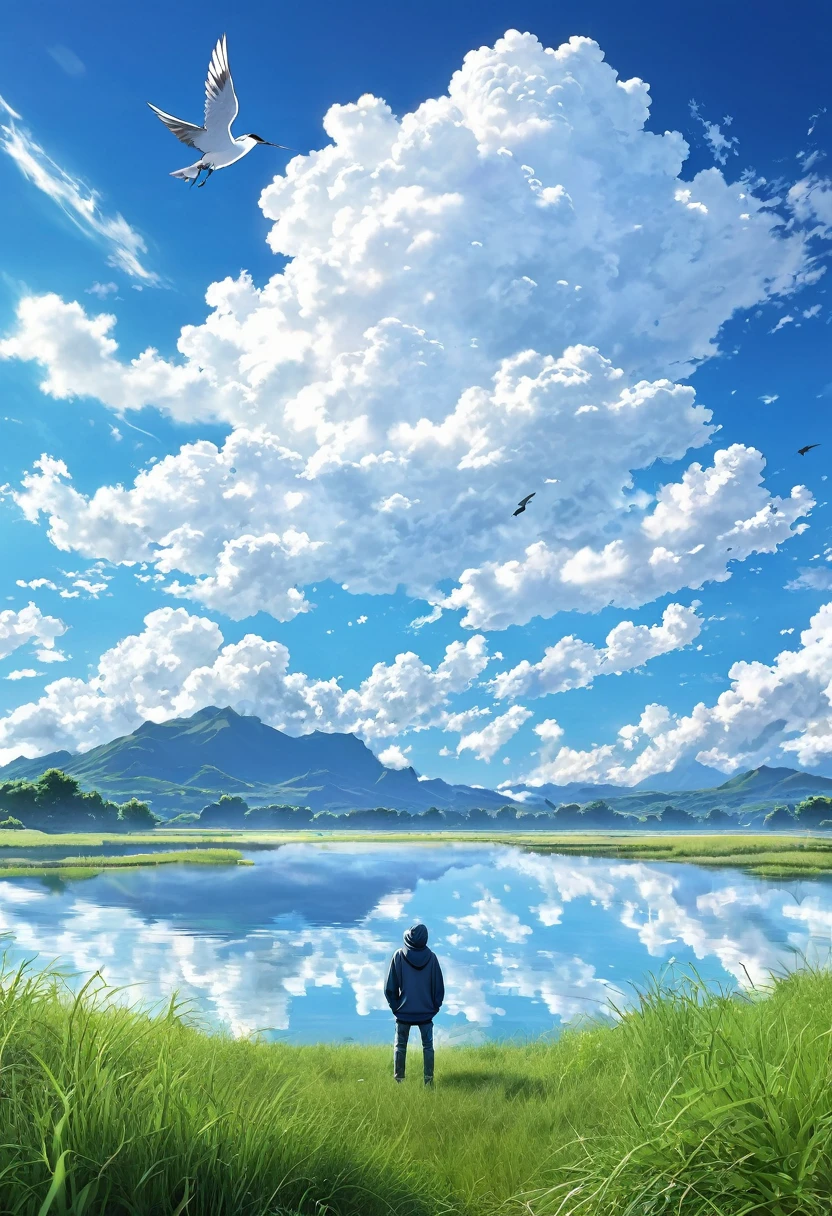 anime, anime landscape, Man watching the clouds, In the grassland, creative, Realist, White cloud, blue sky, Wonderful landscape, Man looking away from the camera, Wide Photography, Realistic grass, Flying Bird. The middle lake, The sky is reflected in the lake, Man in a hoodie