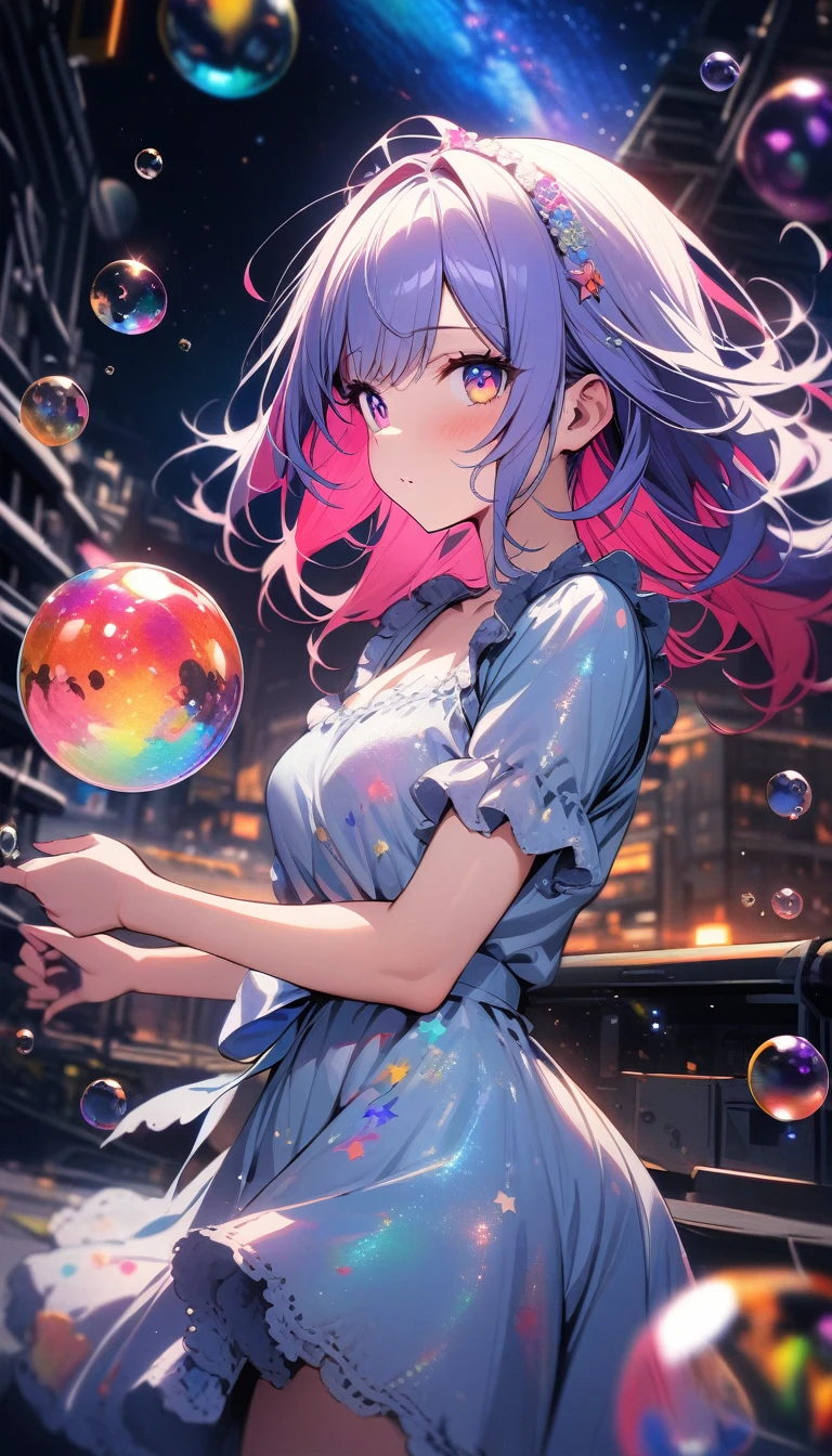 ((best quality)) , ((masterpiece)) , (detailed)，Color splash, (((1girl))) , wearing Shabby Chic Wrap dress, has metallic plating, Colored hair, ((Fossil fuel power station)) in background,stars in the eyes, messy floating hair, colored inner hair, Starry sky adorns hair, (lots of big colorful Bubble), (pearl), (Galaxy), depth of field