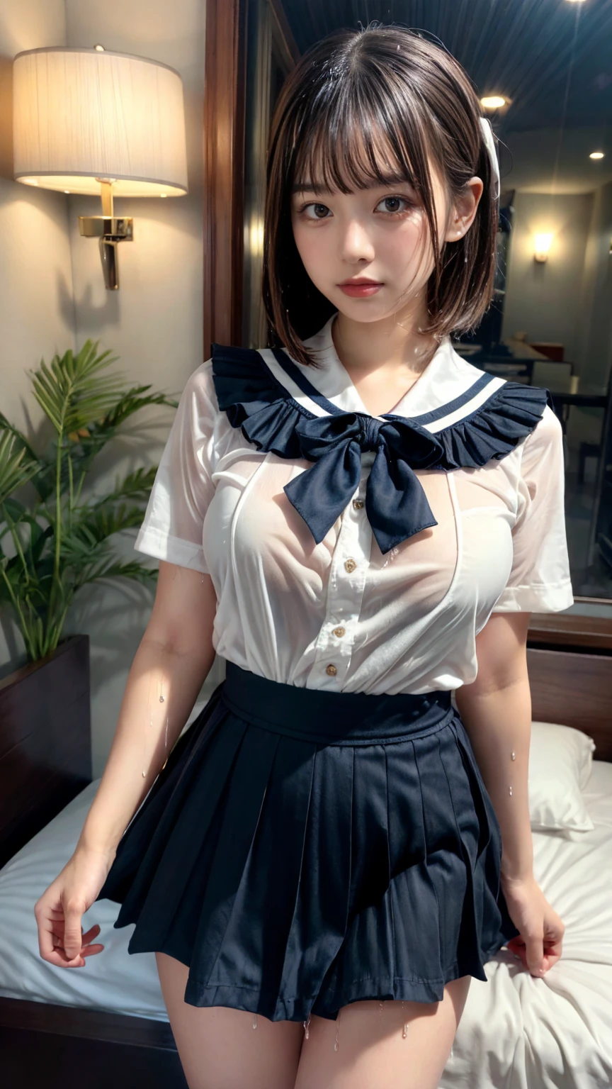 muste piece, best quality, illustration, Super detailed, fine details, High resolution, 8K,wall paper, perfect dynamic composition,(Details High quality, realistic depiction of eyes:1.3), (short bob hair), (Black Sailor Uniform, serafuku, Navy pleated skirt), (nup, see through, wet:1.2), huge breasts, black hair color, Big Natural Color Lip, bold sexy pose, crying a little、Harajuku style、20 year old girl、cute type、lolita、beautiful legs, hotel room, full body photo、focus on crotch, hposing Gravure Idol