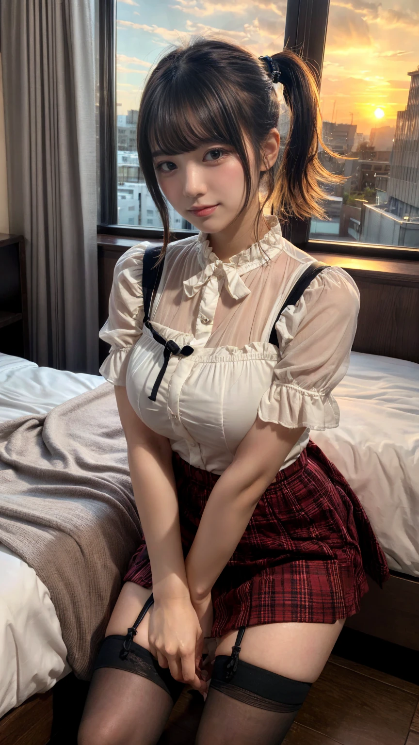 muste piece, best quality, illustration, Super detailed, fine details, High resolution, 8K,wall paper, perfect dynamic composition,(Details High quality, realistic depiction of eyes:1.3), short hair, (wavy hair:1.2), (Ruffled shirt、)(Checked mini skirt、red、black、), pony tail hair, huge breasts, black hair color, Big Natural Color Lip, bold sexy pose, crying a little、little smile, Harajuku style、20 year old girl、cute type、lolita、beautiful legs, hotel room, full body photo、focus on crotch, hposing Gravure Idol, Sexy shot looking at camera, Sunset, by the window, Summer, knee sox, make up, Curve