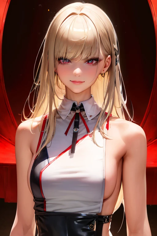 Top Definition, Masterpiece, 4K, High Definition, One adult woman, one big dog, woman has platinum blonde, straight hair, one length. Slit eyes, sharp gaze, model-like beauty, perfect proportions. Sleeveless shirt, tight mini skirt.
. The woman is flushed red and has a shy smile on her face.
