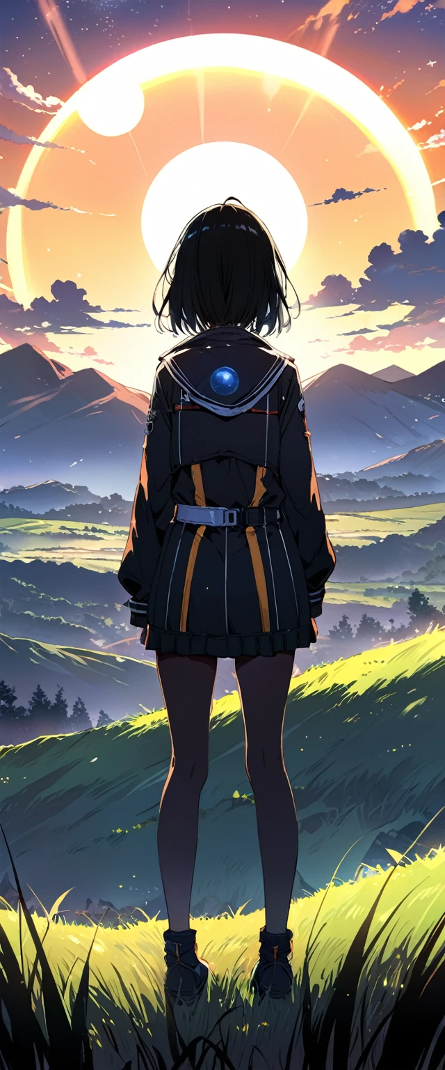(((masterpiece))),(((Highest quality))),((Very detailed)),Rear view, Looking at the Sun, 空にはuniverse船がある, three suns, Black Hair Girl, , Standing in the grassland, landscape, universe, 8k, Super Detail,(Stand 20 meters away),The whole scene is Shiny O's、illumination、