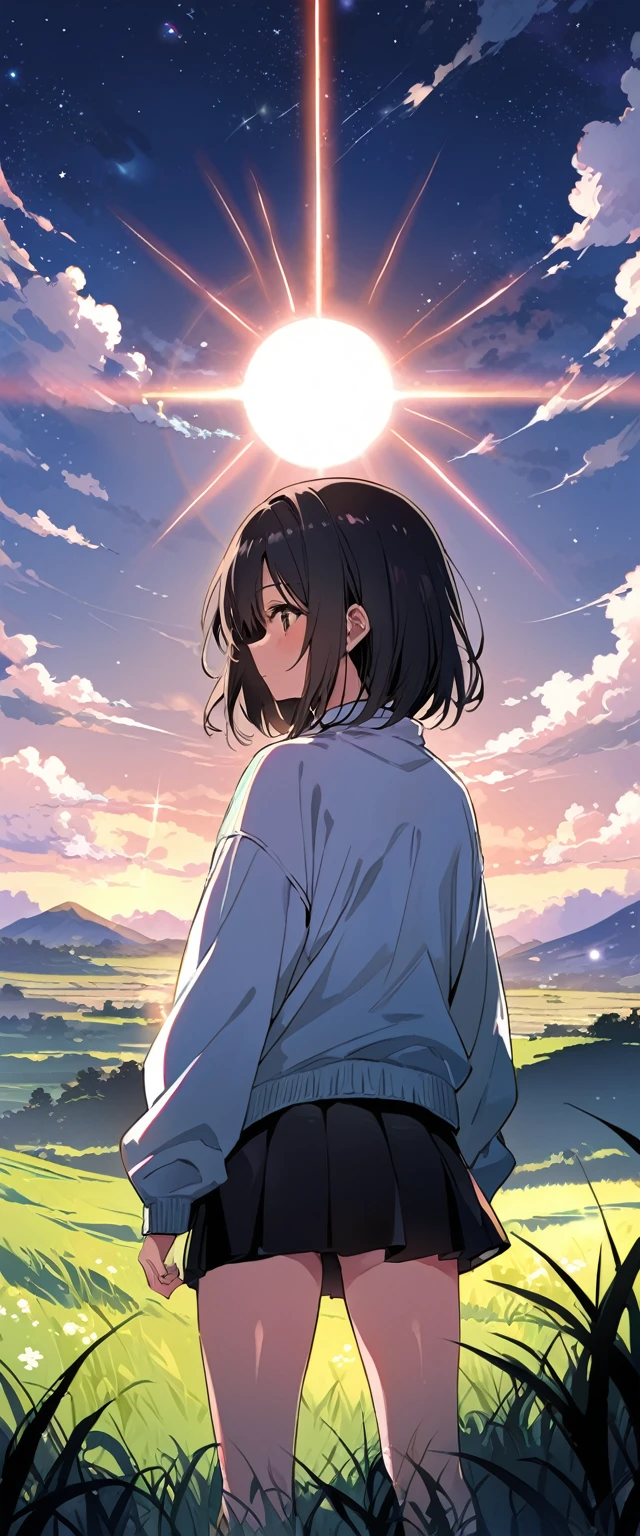 (((masterpiece))),(((Highest quality))),((Very detailed)),Rear view, Looking at the Sun, 空にはuniverse船がある, three suns, Black Hair Girl, 12-year-old girl, Standing in the grassland, landscape, universe, 8k, Super Detail,(Stand 20 meters away),The whole scene is Shiny O&#39;s、illumination、