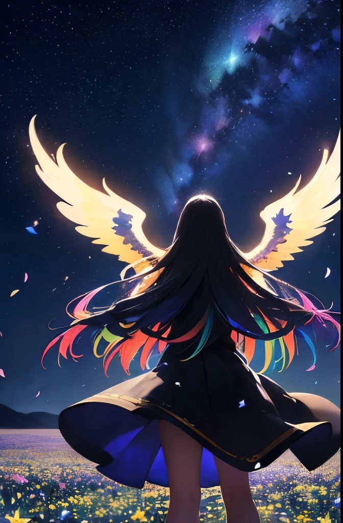 (star-filled sky and midnight: 1.3), (flower field with colorful petals dancing: 1.5), (silhouette of an angel with long hair standing in the distance, spreading her wings and looking up at the sky: 1.2), (galaxy floating and shining in the sky).