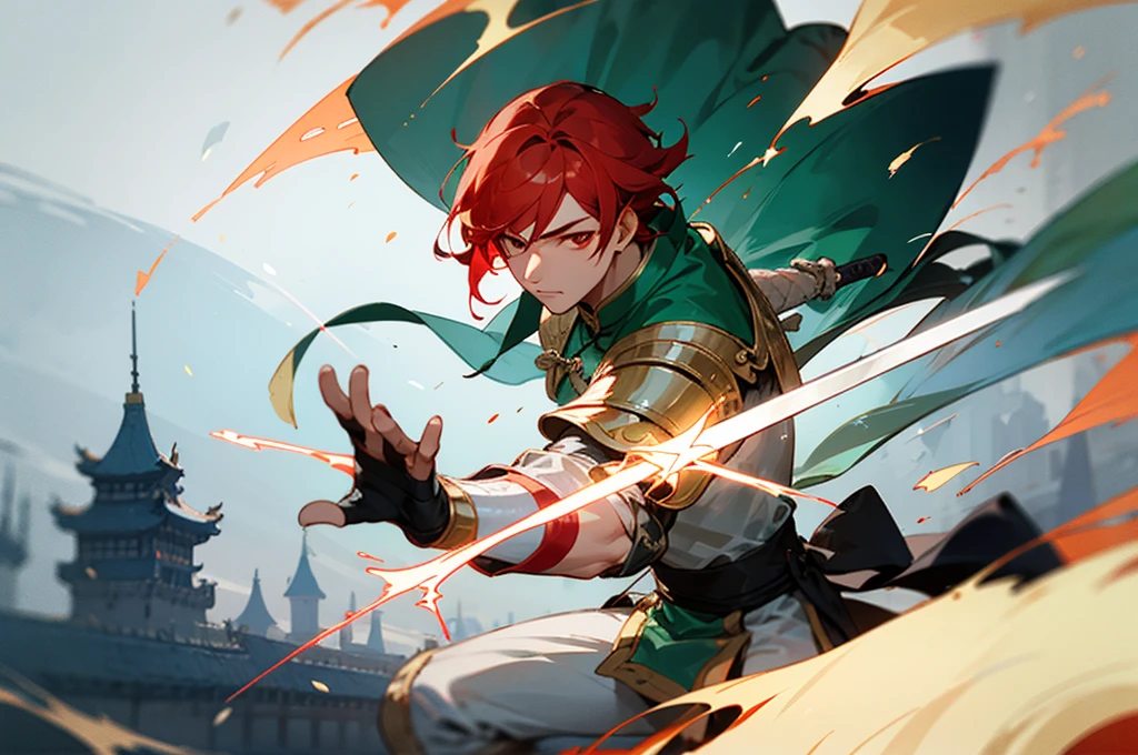 1boy, solo, Zhao yun, Chinese armor, sword, holding, effects (sparking), Chinese castle, red hair, green left eye
