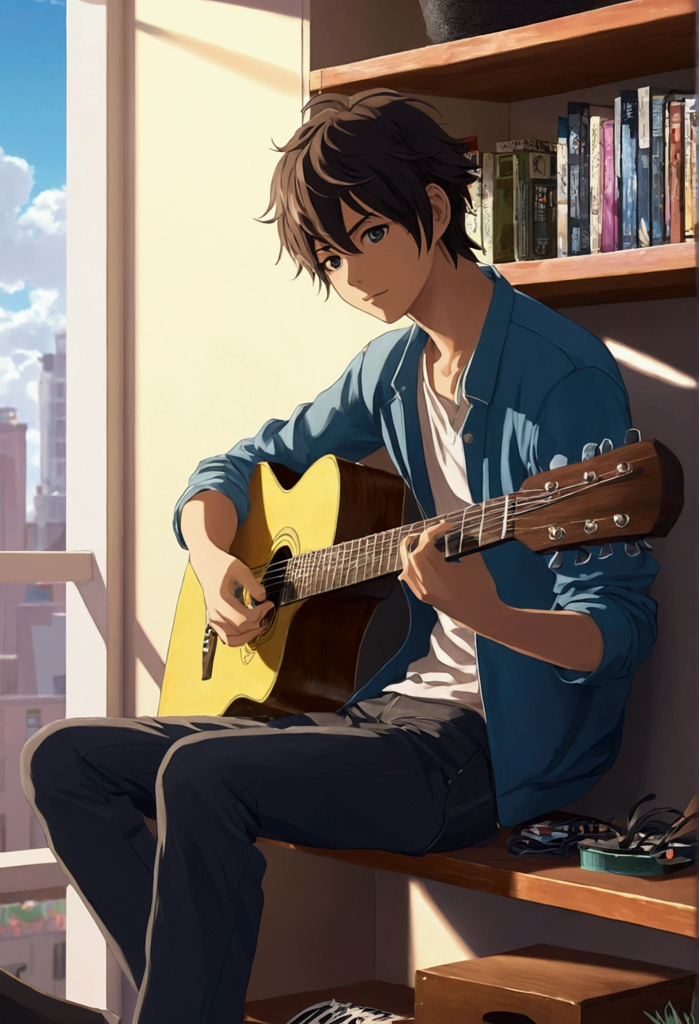 morning、Anime boy sitting on a shelf and playing guitar, Anime Art Wallpapers 8K, anime art wallpaper 4k, anime art wallpaper 4k, Anime Style 4k, anime wallpaper 4k, anime wallpaper 4k, anime wallpaper 4k, Manga Wallpapers, 4K wallpaper, Makoto Shinkai Cyril Roland, Girl playing guitar, LOFI Girl